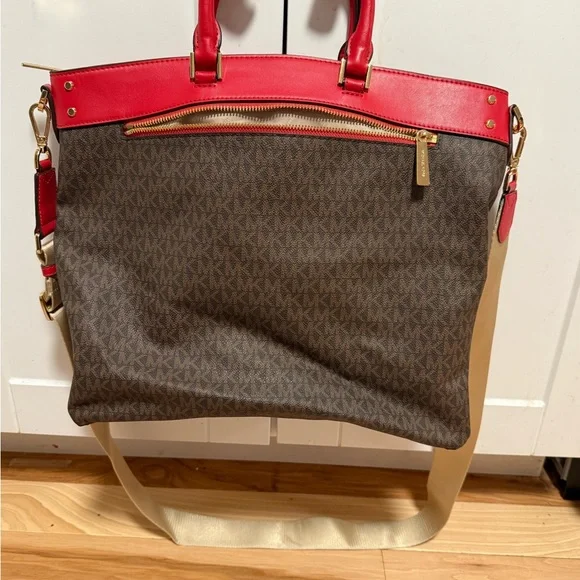 Michael Kors Red and Brown Tote Bag with Monogram Print - Picture 2 of 3